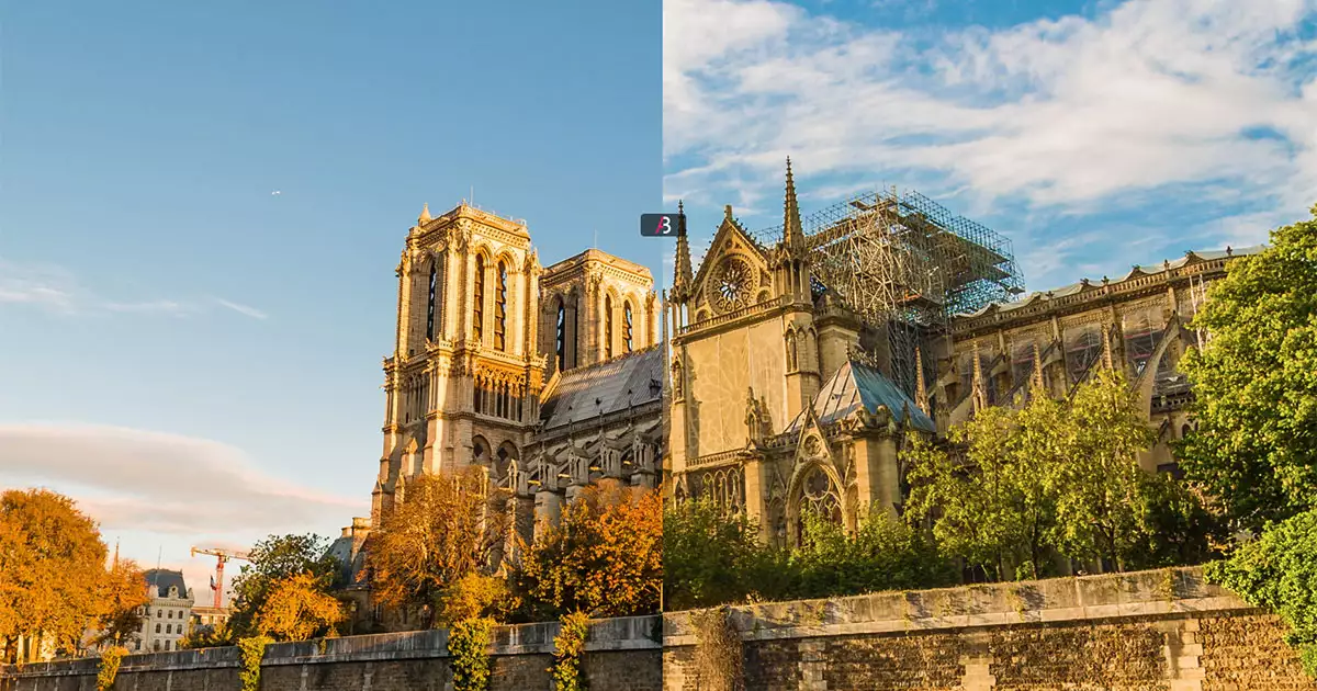 Cathédrale Notre Dame avant et après l'incendie 